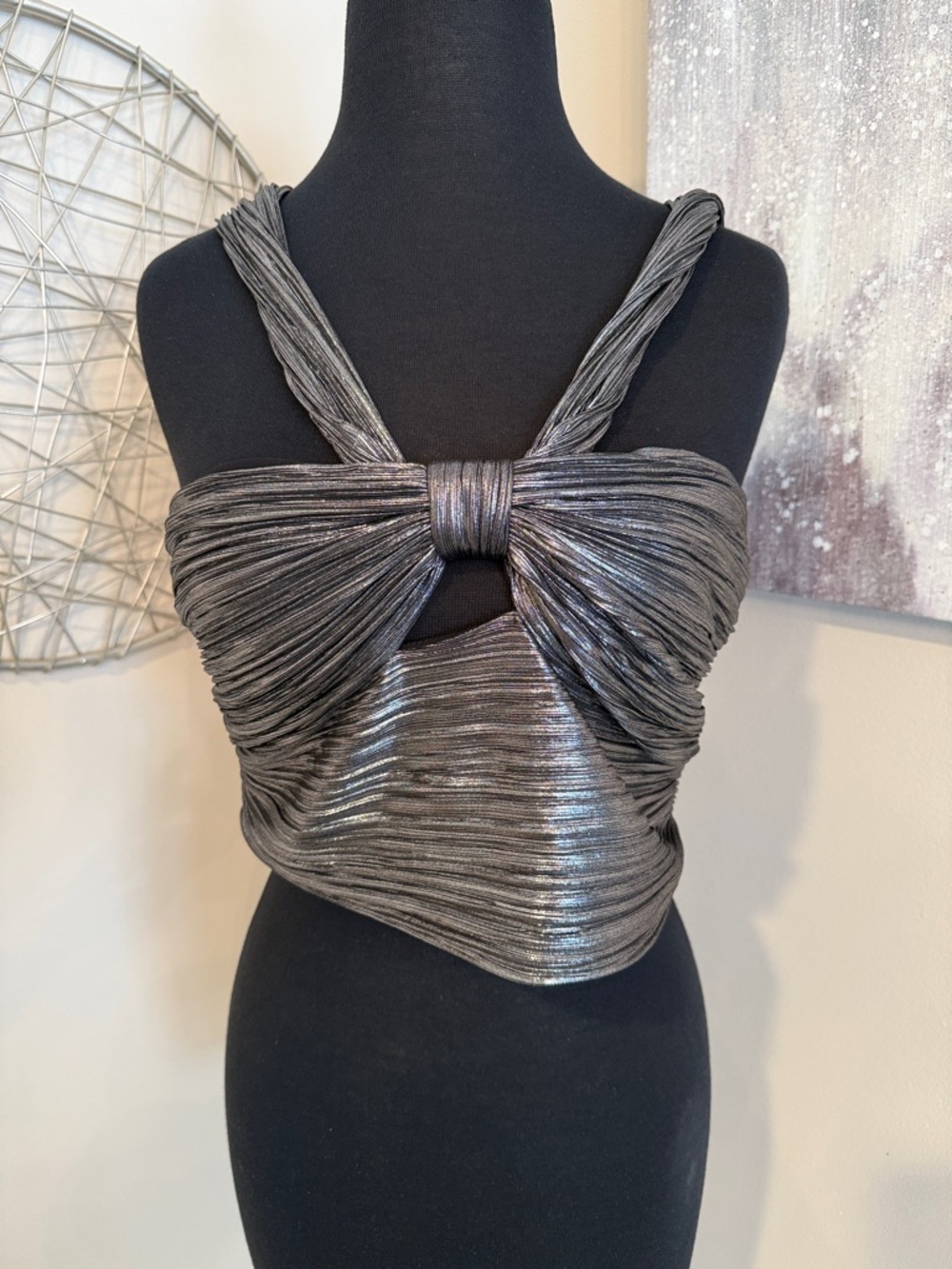 Metallic Silver Twist Front Crop Top - Size Large
